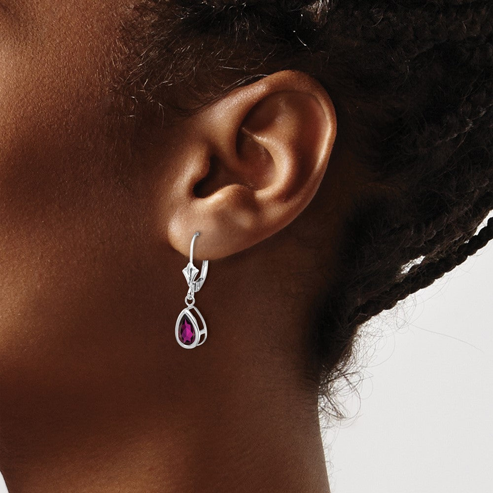 14k White Gold 8x5mm Pear Rhodolite Garnet Bezel Leverback Dangle Earrings