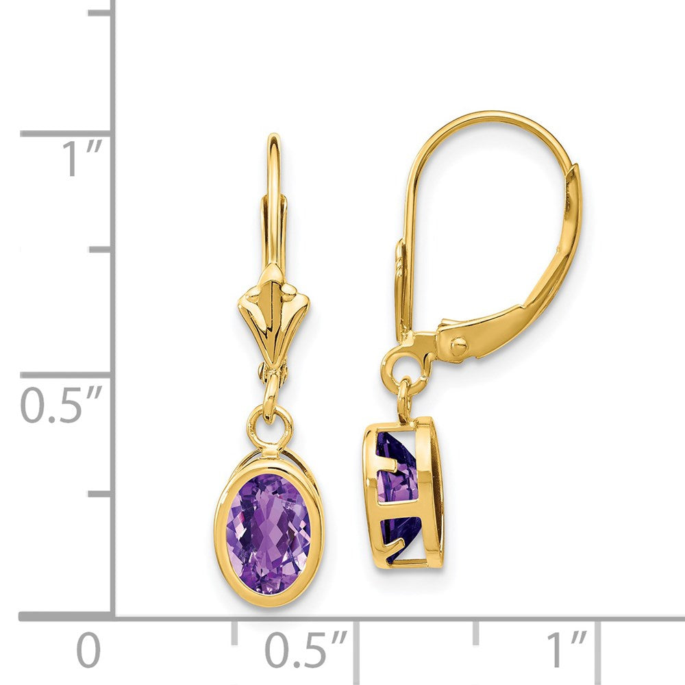 14k 7x5mm Oval Amethyst Bezel Leverback Dangle Earrings
