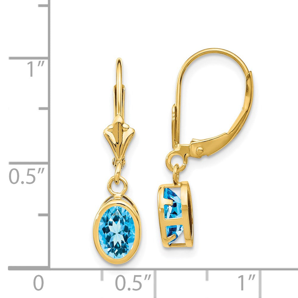 14k 7x5mm Oval Blue Topaz Bezel Leverback Dangle Earrings