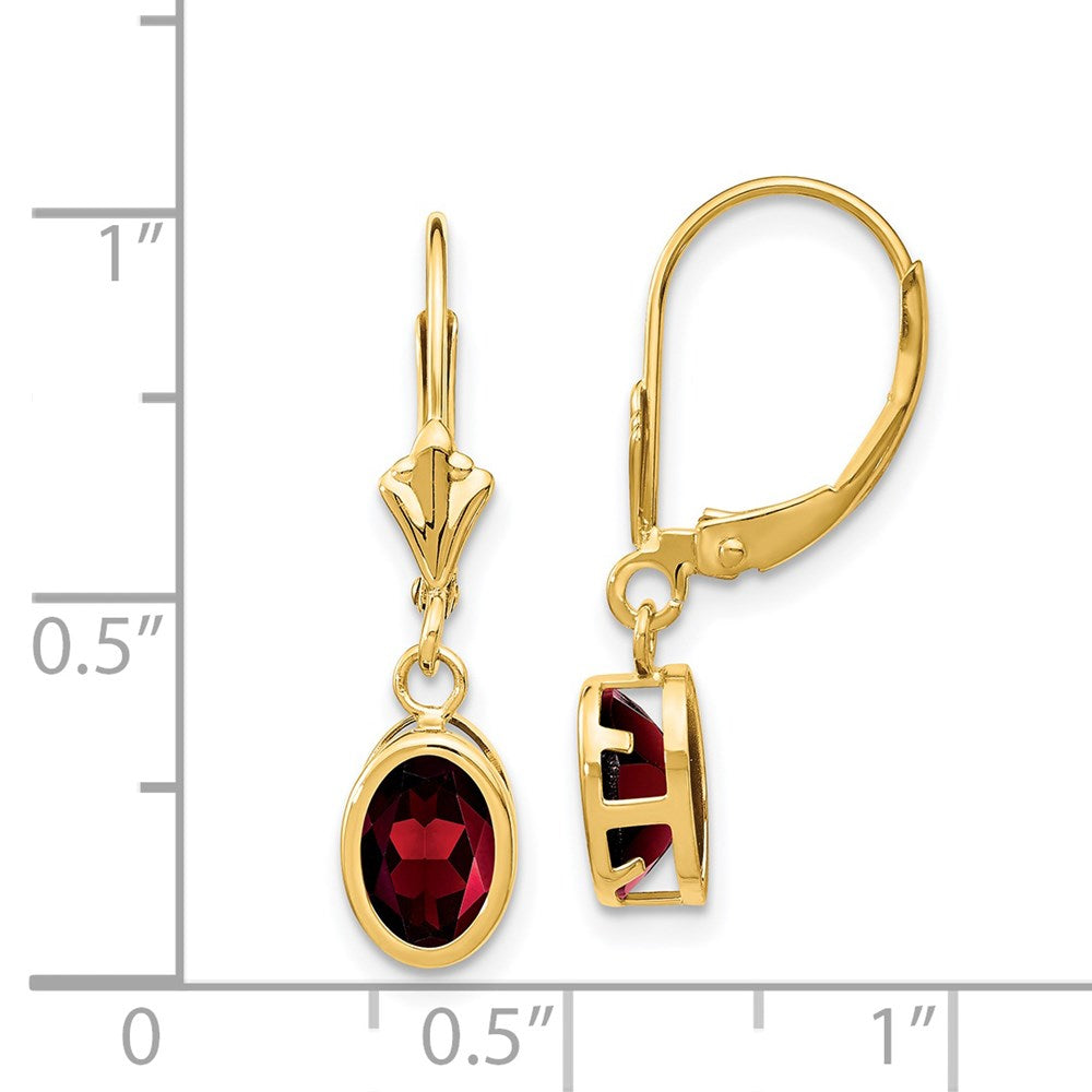14k 7x5mm Oval Garnet Bezel Leverback Dangle Earrings