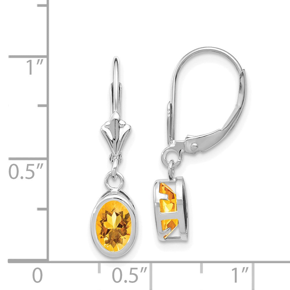 14k White Gold 7x5mm Oval Citrine Bezel Leverback Dangle Earrings