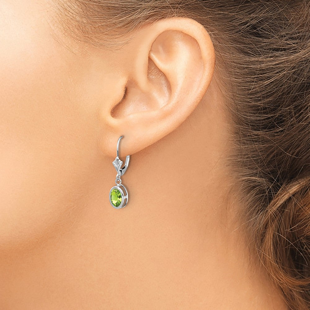 14k White Gold 7x5mm Oval Peridot Bezel Leverback Dangle Earrings