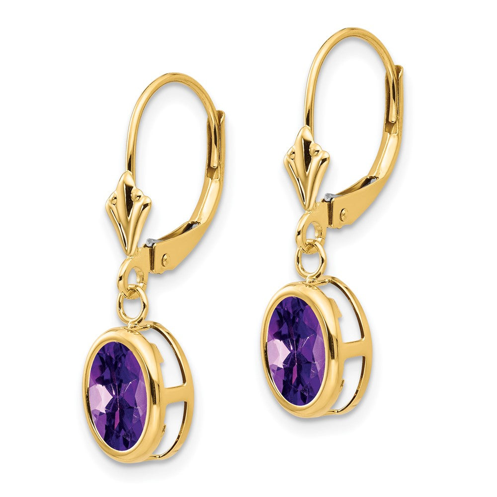 14k 8x6mm Oval Amethyst Bezel Leverback Dangle Earrings