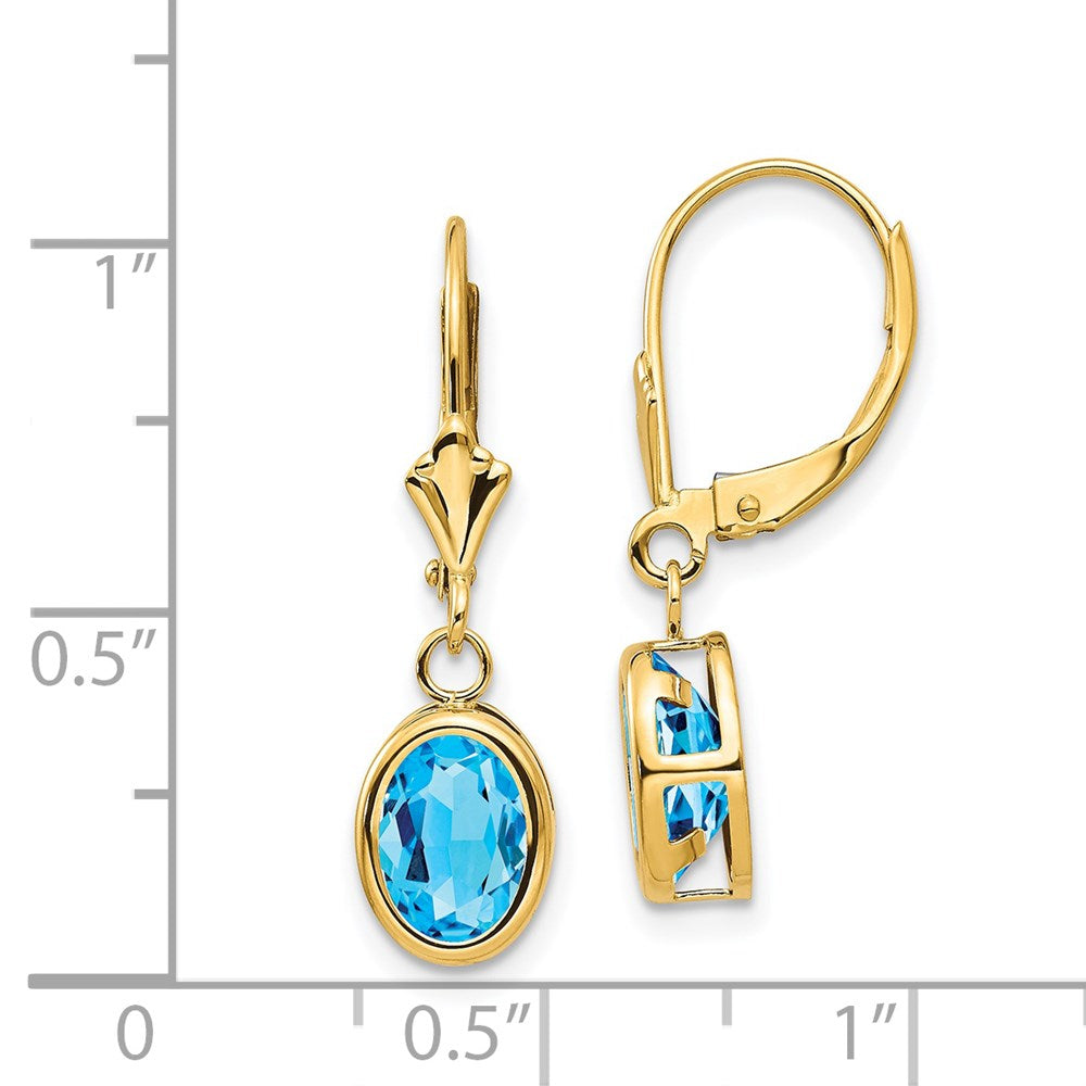 14k 8x6mm Oval Blue Topaz Bezel Leverback Dangle Earrings