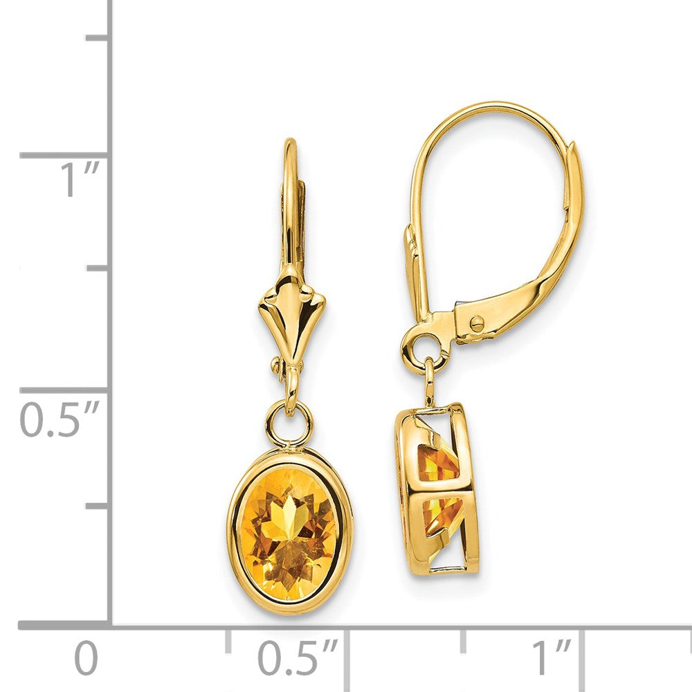 14k 8x6mm Oval Citrine Bezel Leverback Dangle Earrings