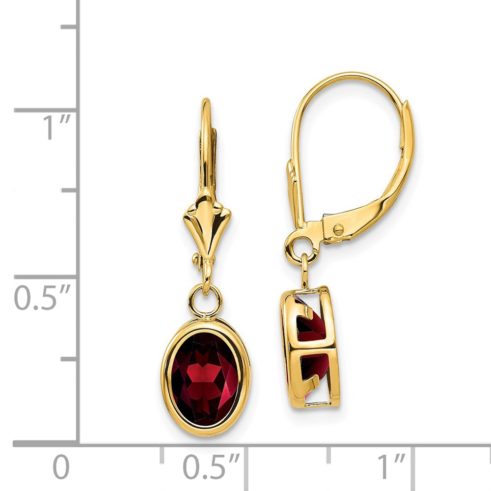 14k 8x6mm Oval Garnet Bezel Leverback Dangle Earrings