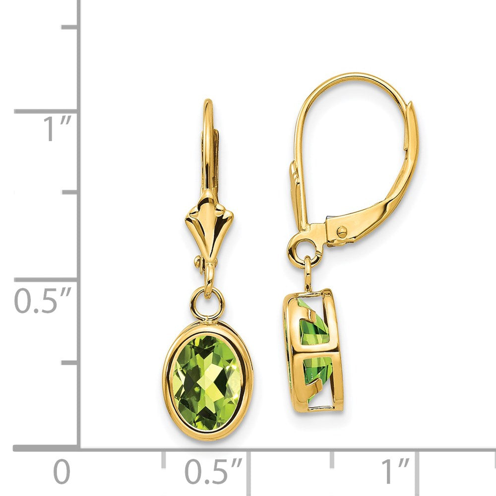 14k 8x6mm Oval Peridot Bezel Leverback Dangle Earrings