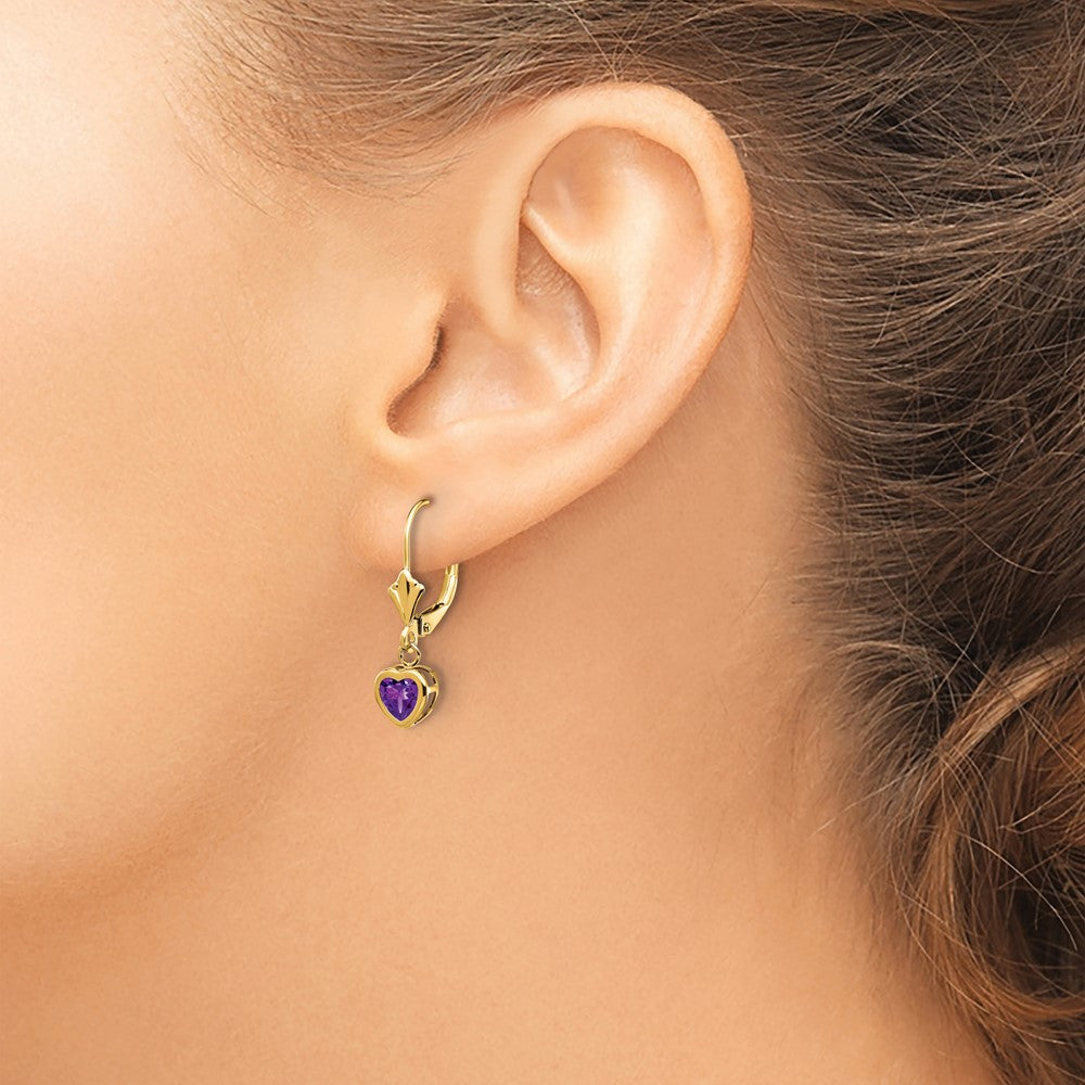 14k 5mm Heart Amethyst Bezel Leverback Dangle Earrings