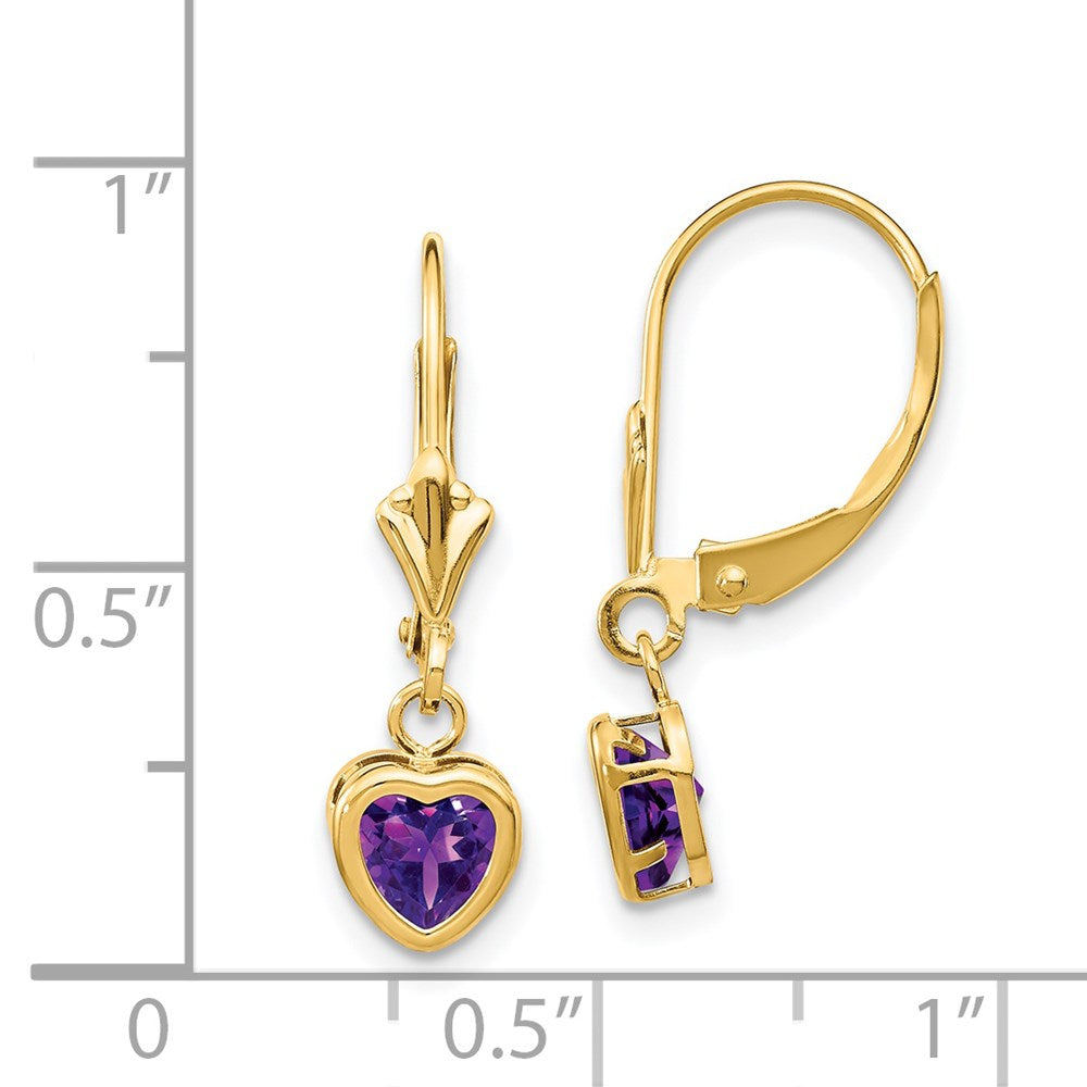 14k 5mm Heart Amethyst Bezel Leverback Dangle Earrings