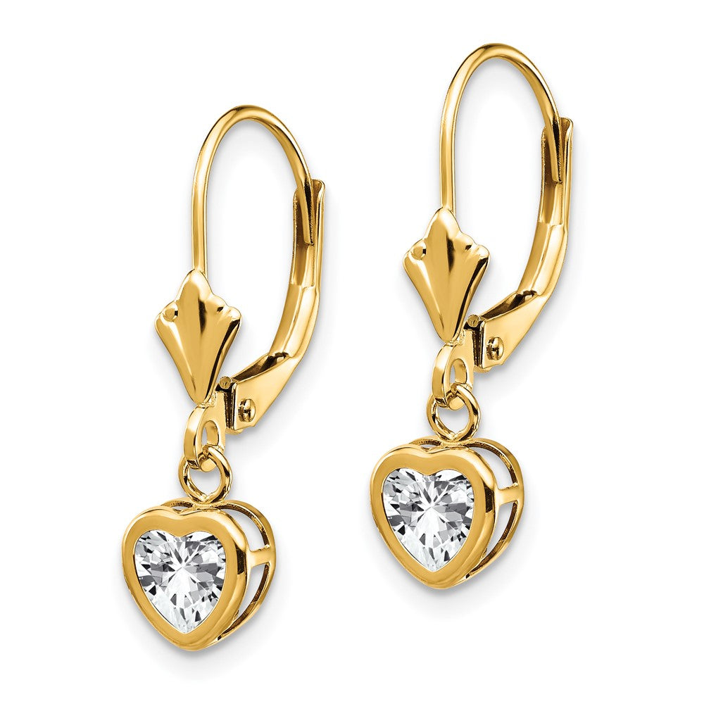 14k 5mm Heart Cubic Zirconia Bezel Leverback Dangle Earrings