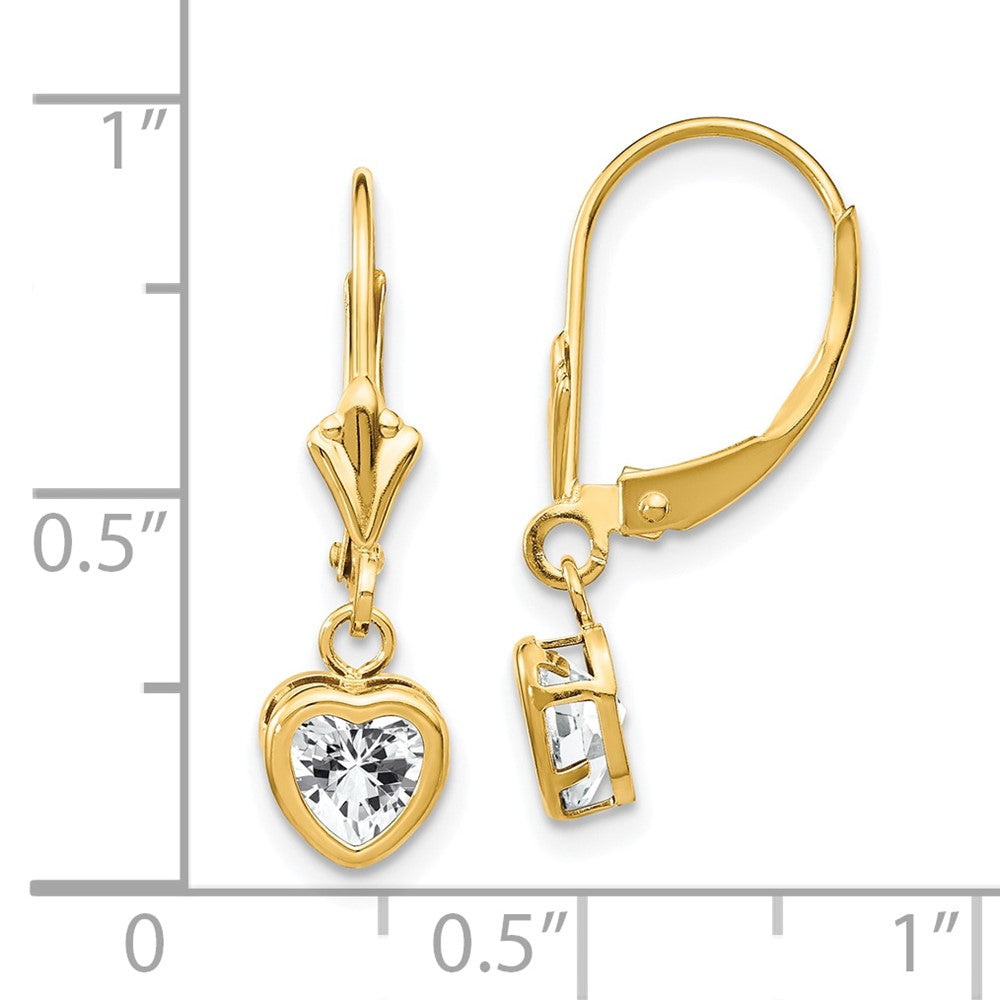 14k 5mm Heart Cubic Zirconia Bezel Leverback Dangle Earrings