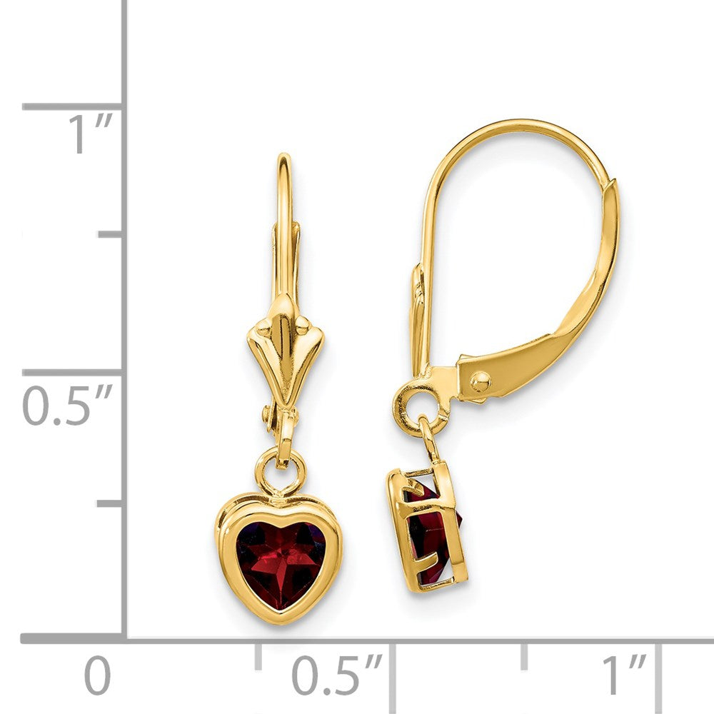 14k 5mm Heart Garnet Bezel Leverback Dangle Earrings