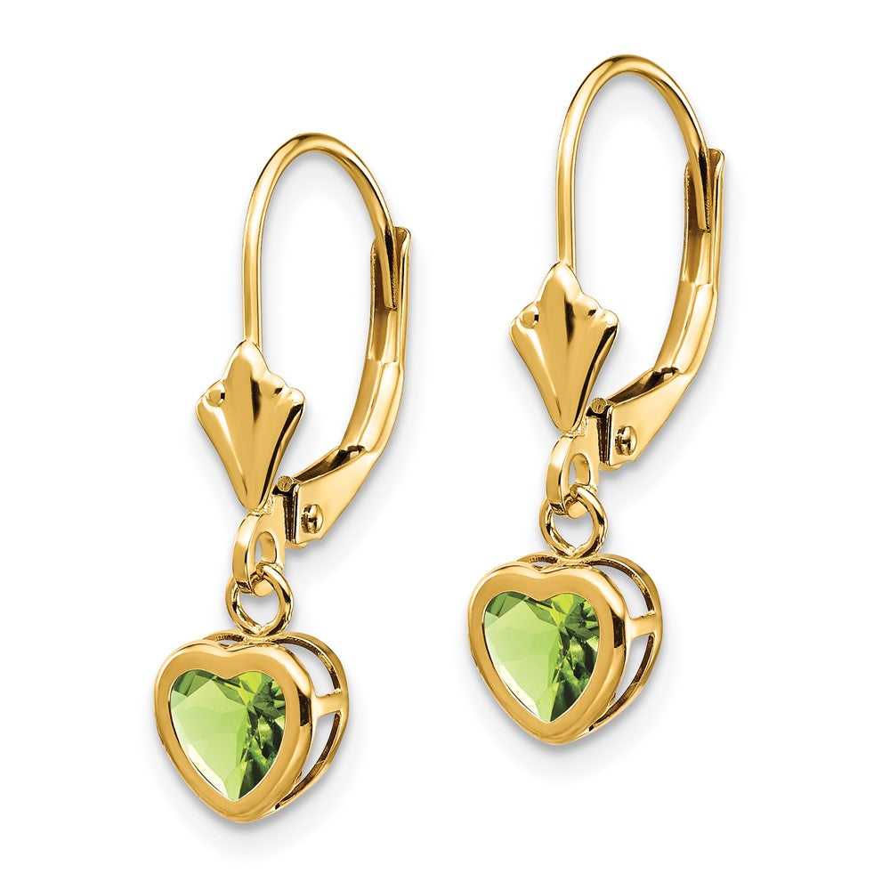 14k 5mm Heart Peridot Bezel Leverback Dangle Earrings