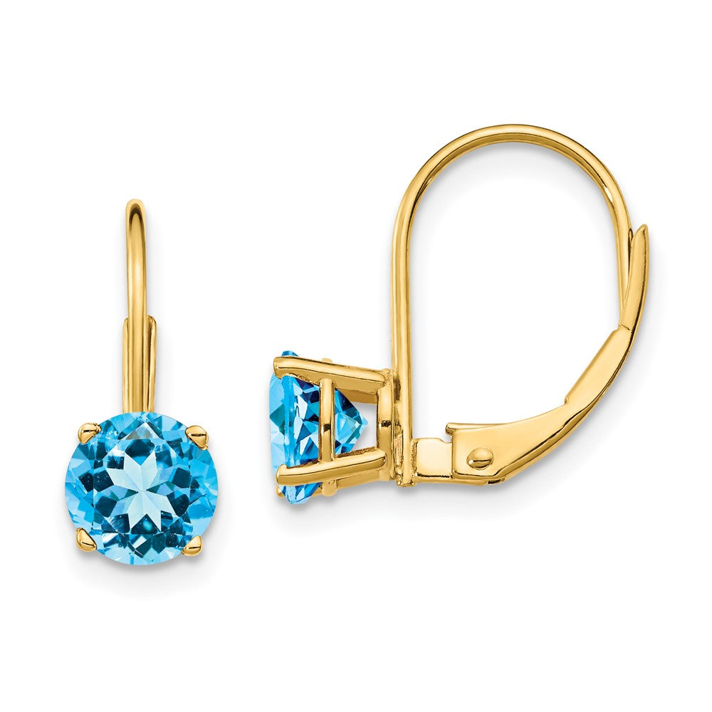 Polished;14k Yellow gold;Leverback;Blue topaz;Round