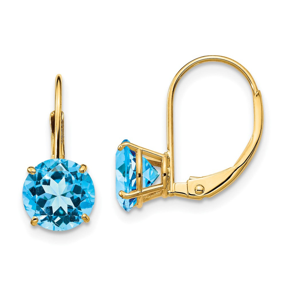 Polished;14k Yellow gold;Leverback;Blue topaz;Round