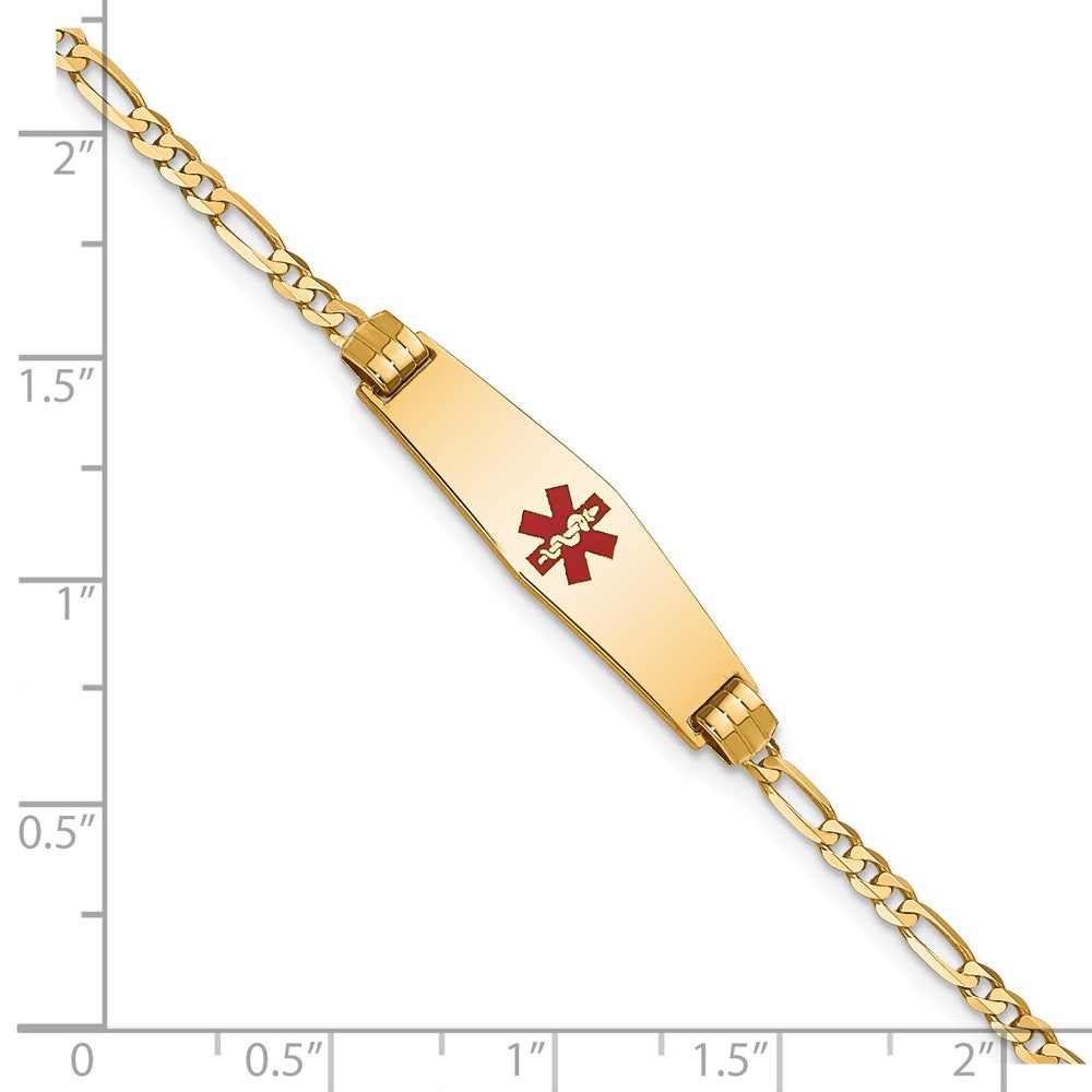 14K Medical Solid Chain/Solid Plate 24x7mm Soft Diamond Shape Centered Red Enamel Figaro Link 8 inch ID Bracelet