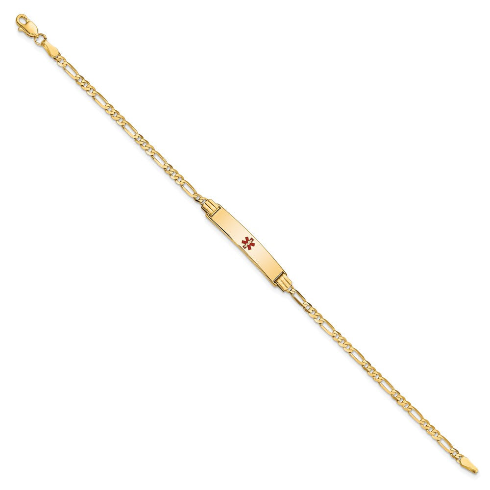 14K Medical Solid Chain/Solid Plate 26x5mm Centered Red Enamel Figaro Link 7 inch ID Bracelet