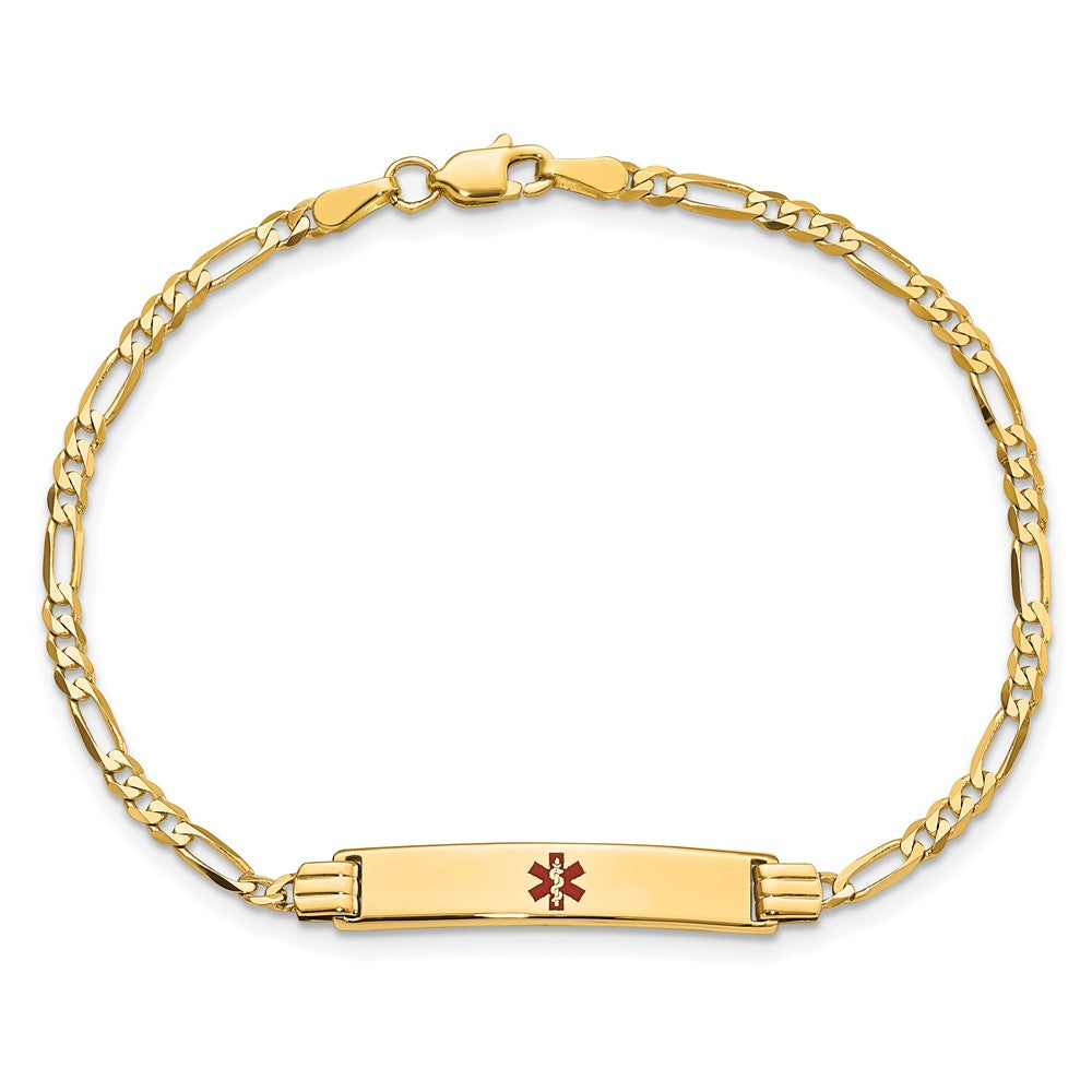 14K Medical Solid Chain/Solid Plate 26x5mm Centered Red Enamel Figaro Link 7 inch ID Bracelet