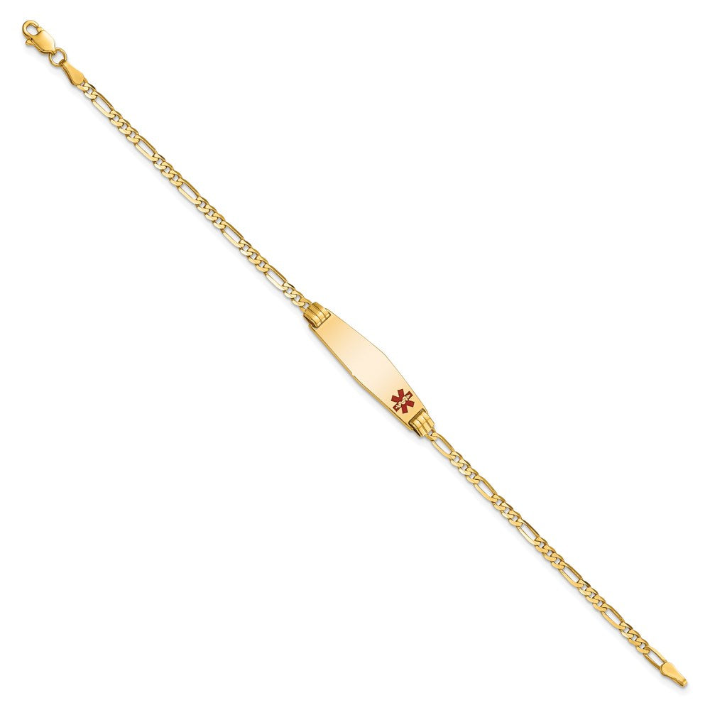 14K Medical Solid Chain/Solid Plate 26x7mm Soft Diamond Shape Off-Center Red Enamel Figaro Link 8 inch ID Bracelet
