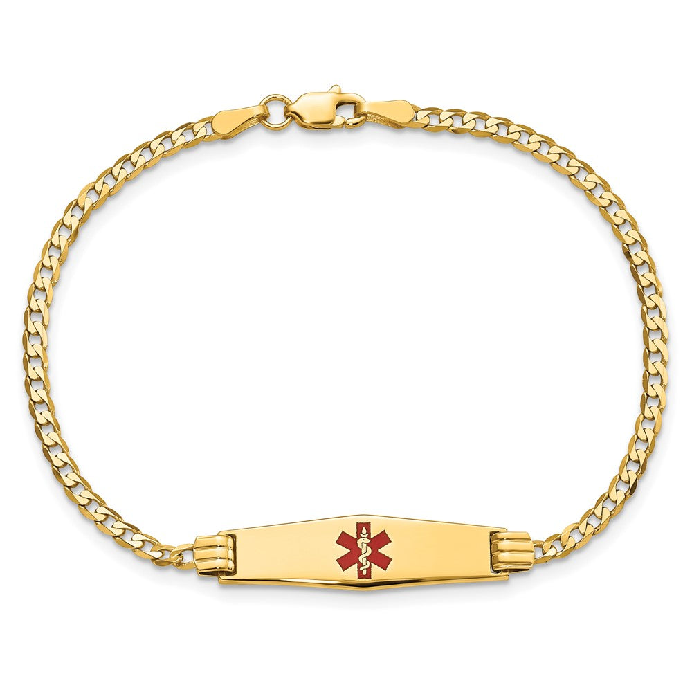 14K Medical Solid Chain/Solid Plate 24x7mm Soft Diamond Shape Centered Red Enamel Curb Link 7 inch ID Bracelet