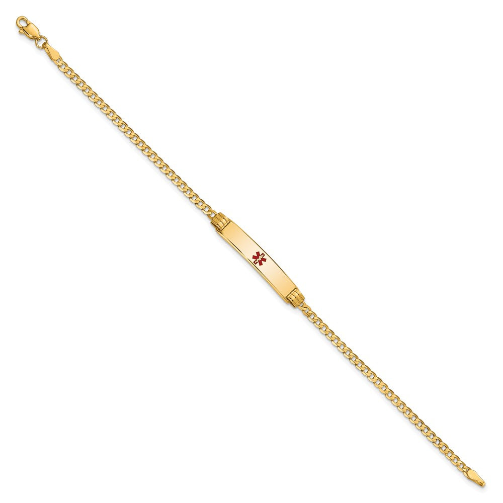 14K Medical Solid Chain/Solid Plate 26x5mm Centered Red Enamel Curb Link 7 inch ID Bracelet
