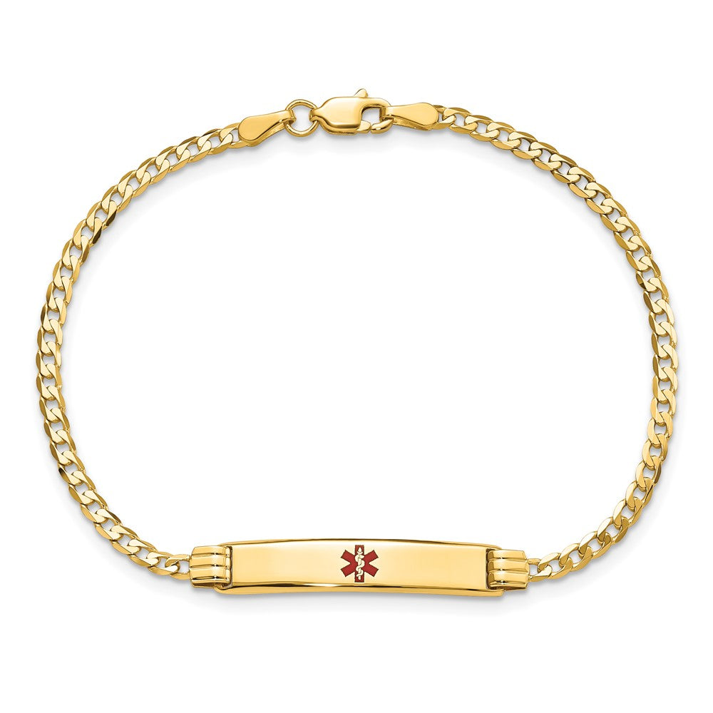 14K Medical Solid Chain/Solid Plate 26x5mm Centered Red Enamel Curb Link 7 inch ID Bracelet