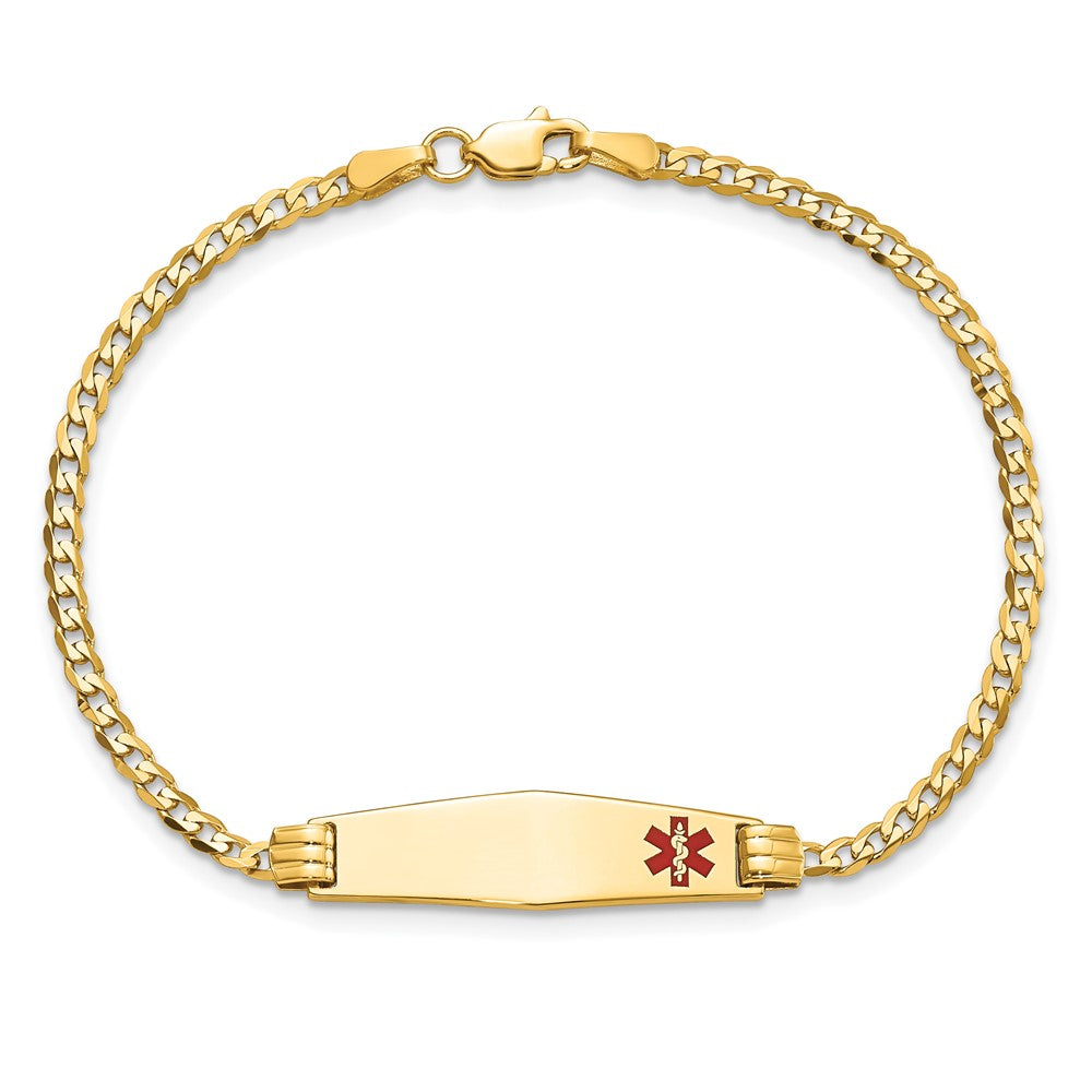 14K Medical Solid Chain/Solid Plate 26x7mm Soft Diamond Shape Off-Center Red Enamel Curb Link 7 inch ID Bracelet