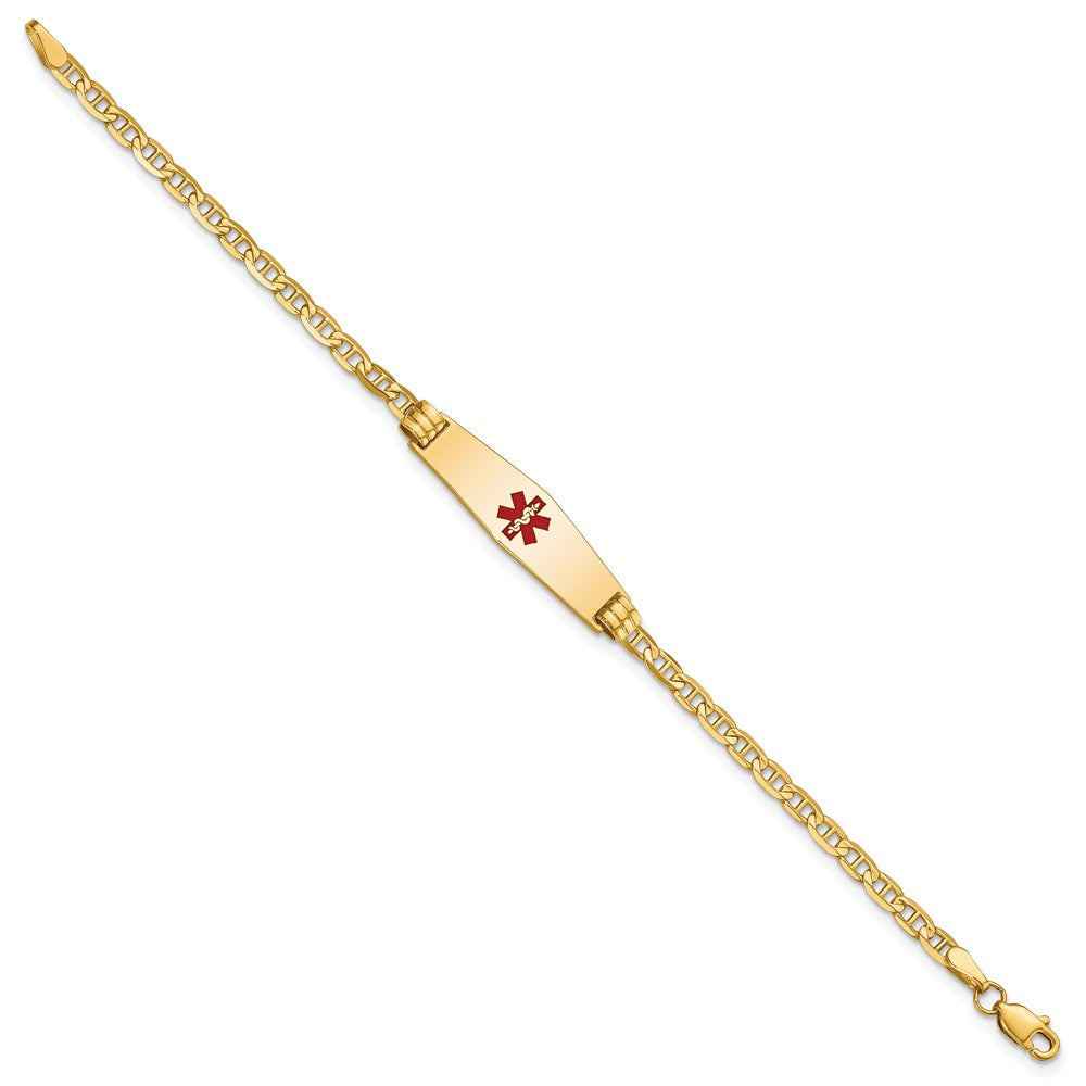 14K Medical Solid Chain/Solid Plate 25x7mm Soft Diamond Shape Centered Red Enamel Anchor Link 6 inch Baby/Child ID Bracelet