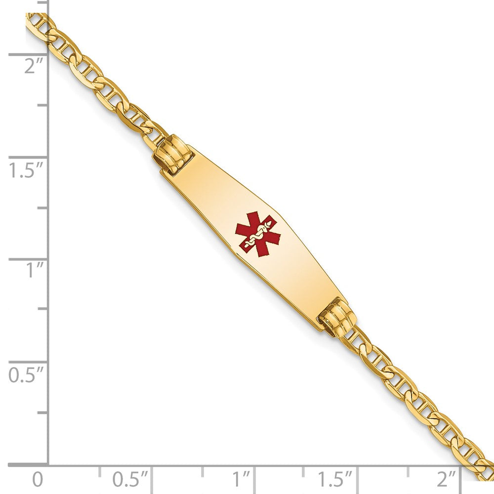 14K Medical Solid Chain/Solid Plate 25x7mm Soft Diamond Shape Centered Red Enamel Anchor Link 6 inch Baby/Child ID Bracelet
