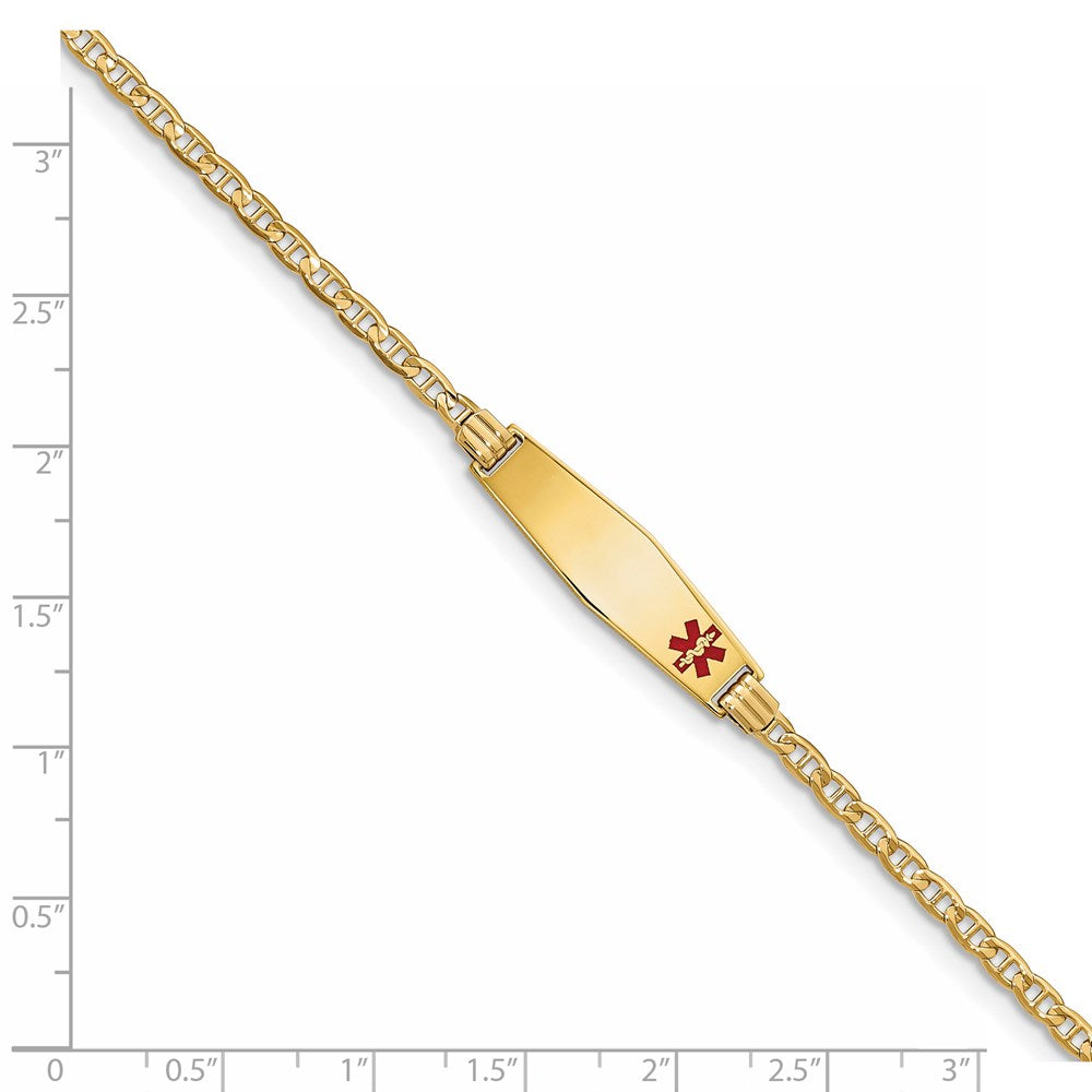 14K Medical Solid Chain/Solid Plate 26x7mm Soft Diamond Shape Off-Center Red Enamel Anchor Link 7 inch ID Bracelet