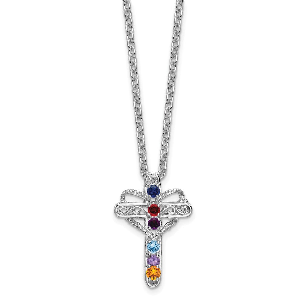 14k White Gold Polish Filigree 6-Stone Mothers Cross Pendant Mounting