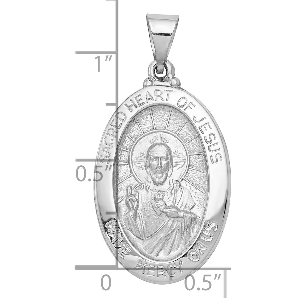 14K White Gold Polished and Satin Hollow Sacred Heart Jesus Oval Pendant