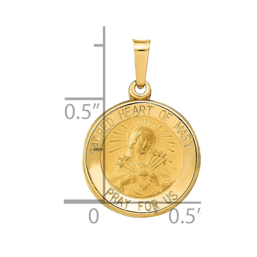 14k Polished and Satin Hollow Sacred Heart of Mary Medal Round Pendant