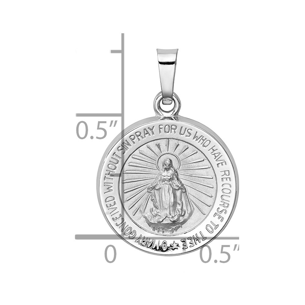 14k White Gold Polished and Satin Hollow Miraculous Medal Round Pendant