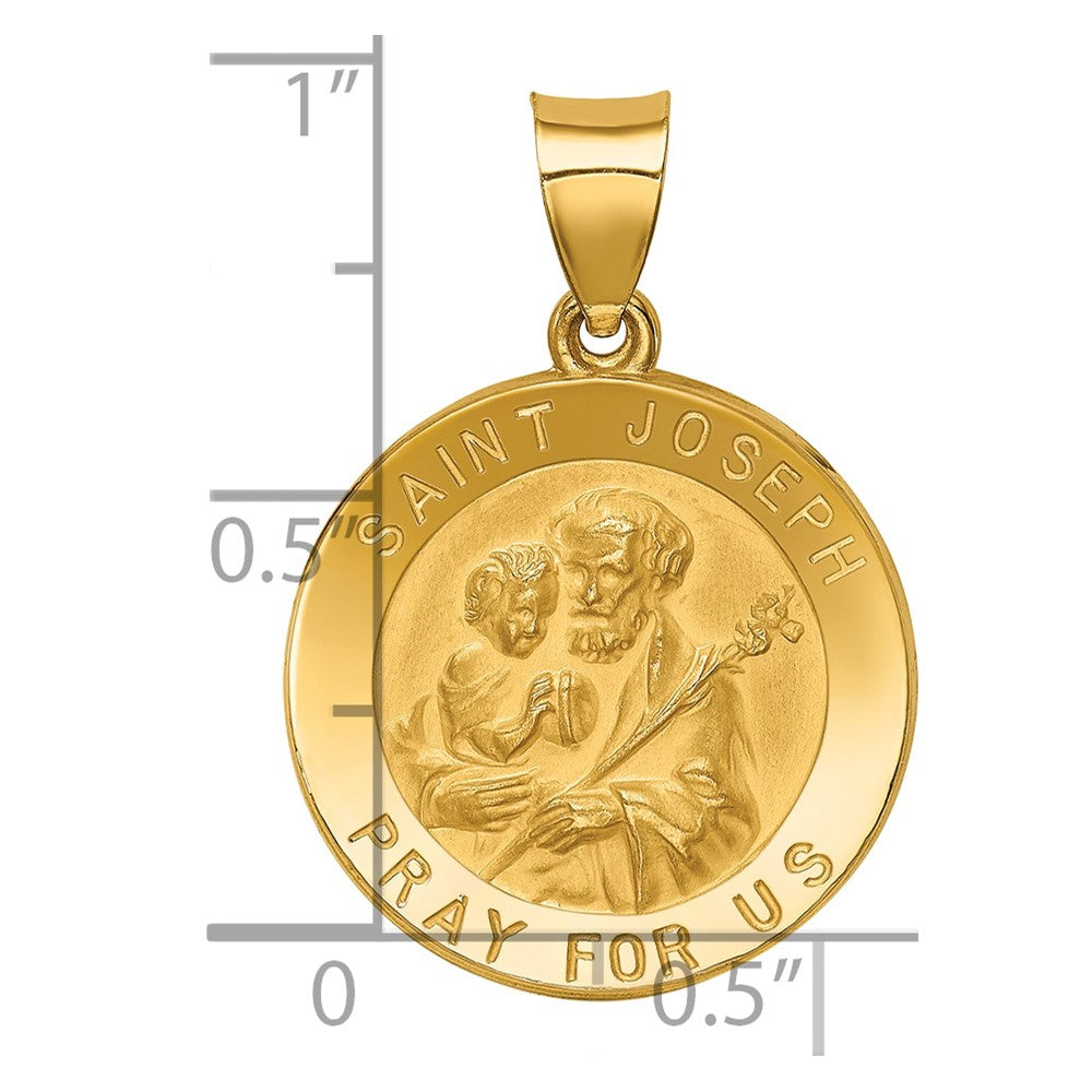14k Polished and Satin Hollow St Joseph Medal Round Pendant