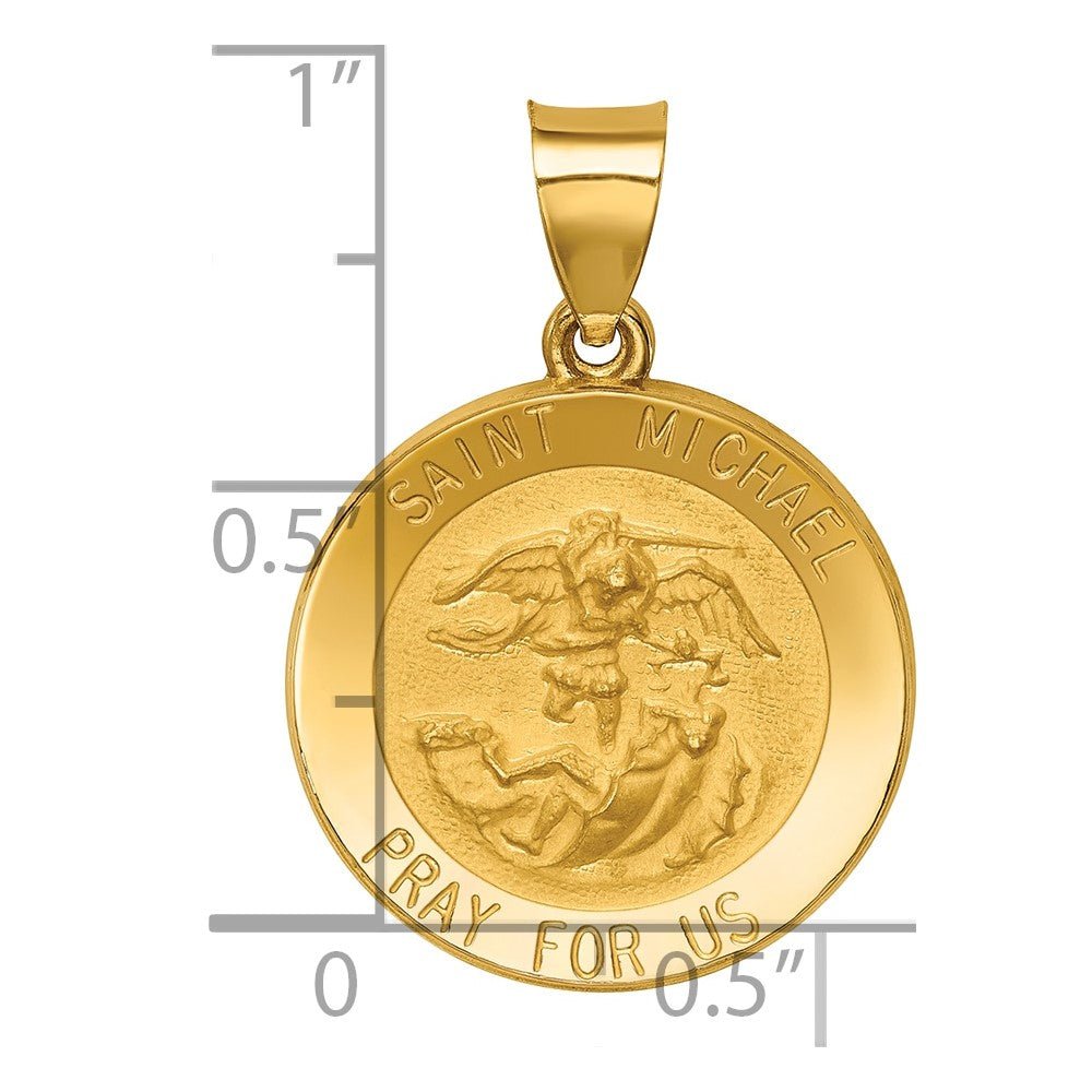 14k Polished and Satin Hollow St. Michael Medal Round Pendant