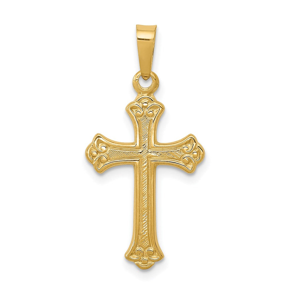 Solid;Casted;Polished;14k Yellow gold;Textured;Cross;Fleur De Lis