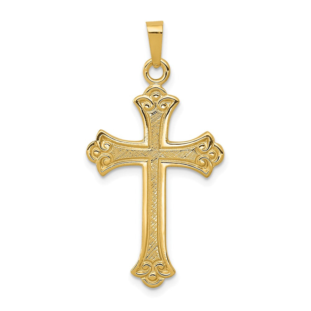 Solid;Casted;Polished;14k Yellow gold;Textured;Cross;Fleur De Lis