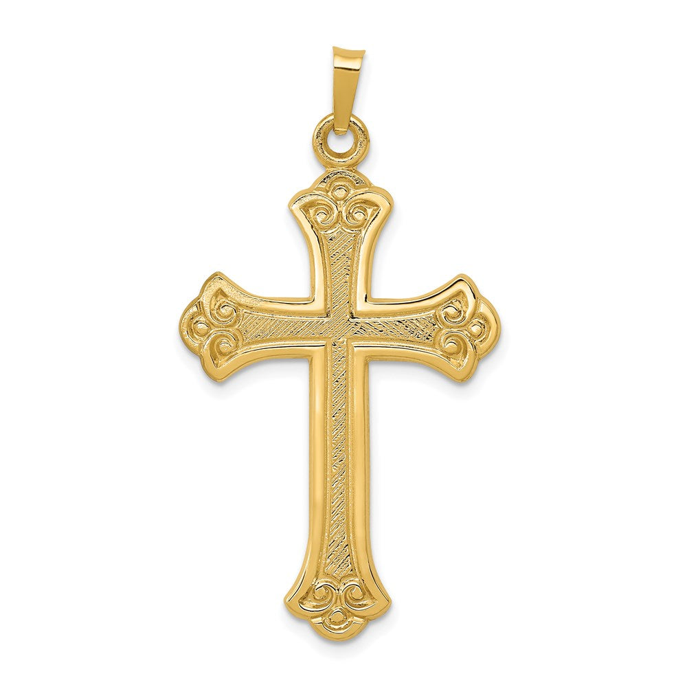 Solid;Casted;Polished;14k Yellow gold;Textured;Cross;Fleur De Lis