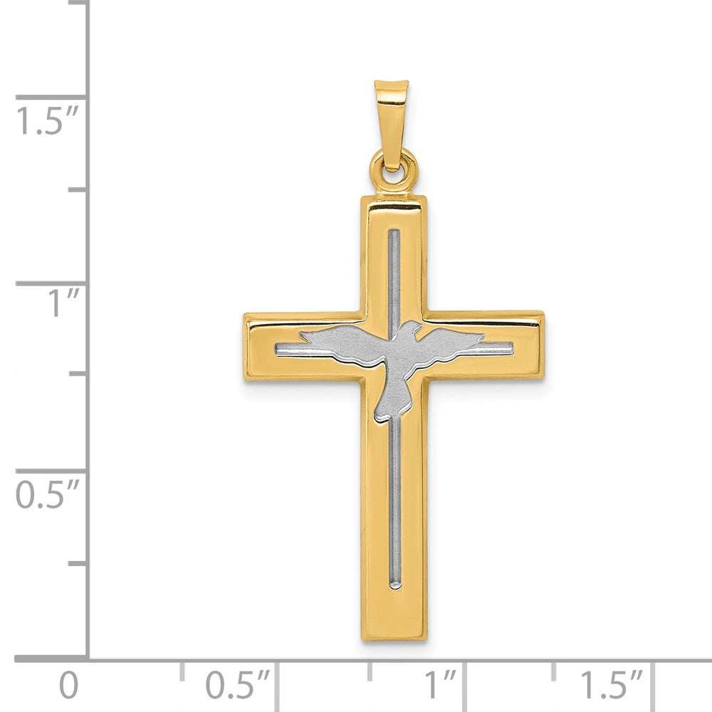 14K and White Rhodium Polished and Satin Cross with Dove Pendant