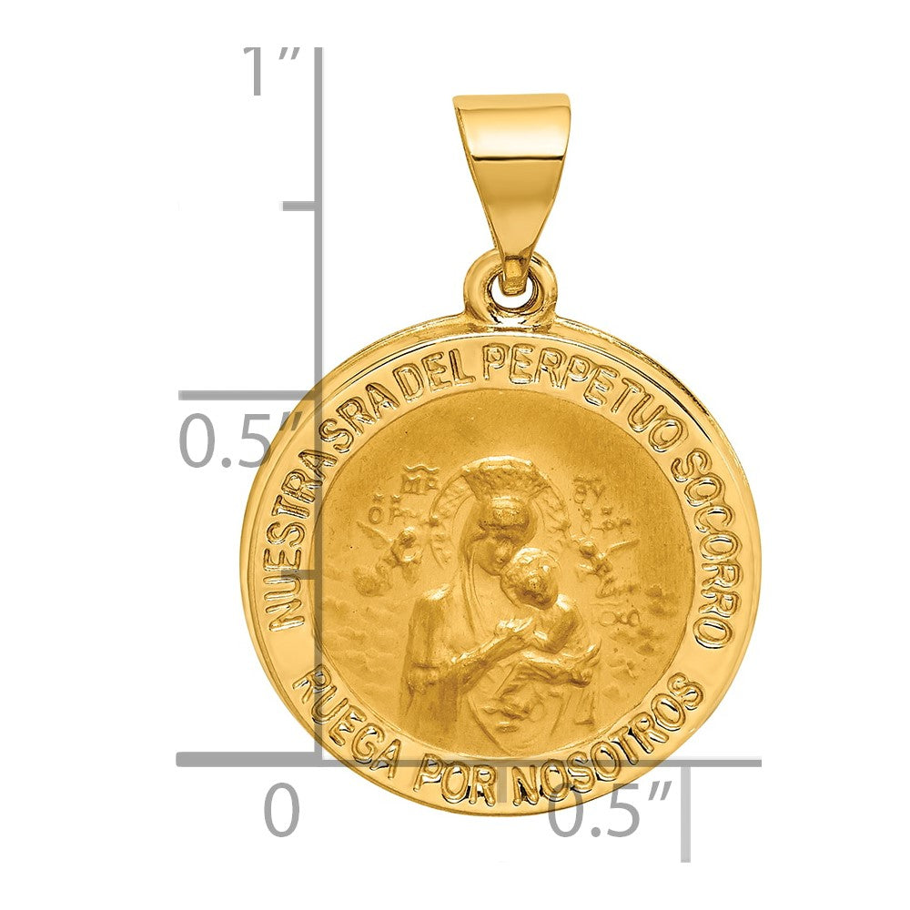 14K Polished and Satin Hollow Spanish Perpetuo Socorro Round Medal Pendant