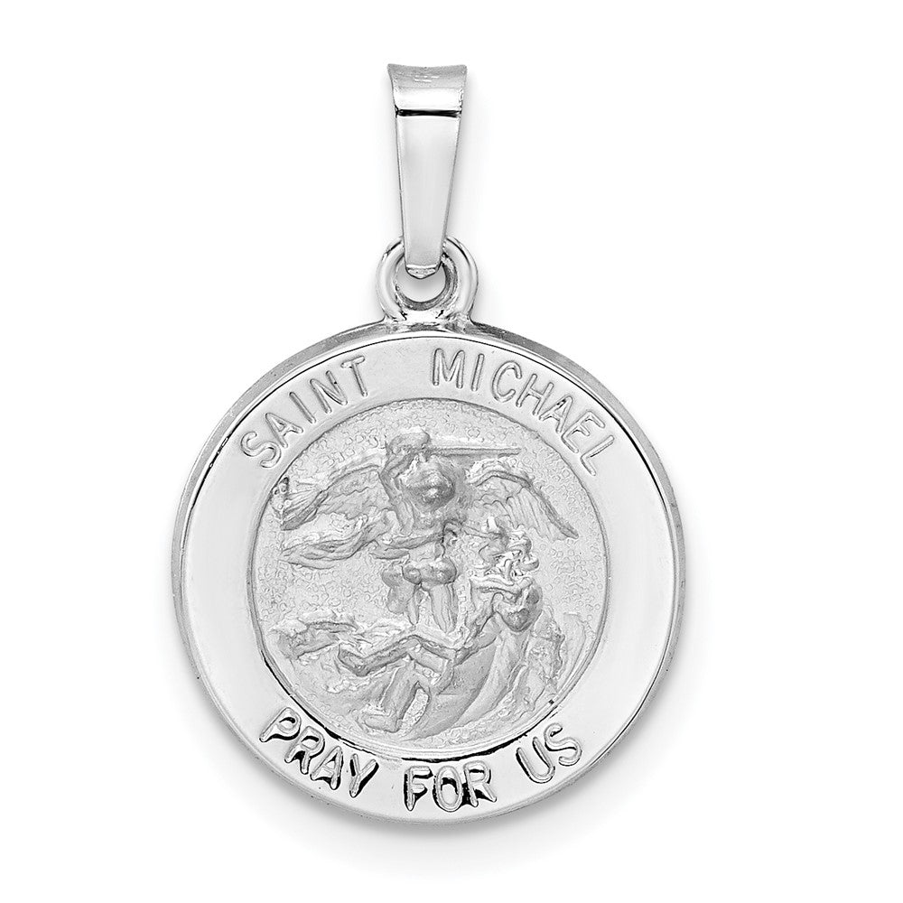 14k White Gold Polished and Satin Hollow St Michael Medal Round Pendant