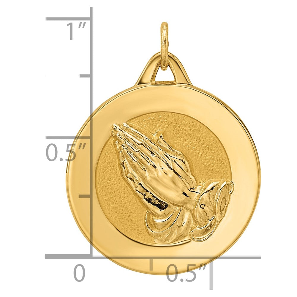 14k Polished and Satin Solid Reversible Praying Hands and Serenity Prayer Disc Pendant