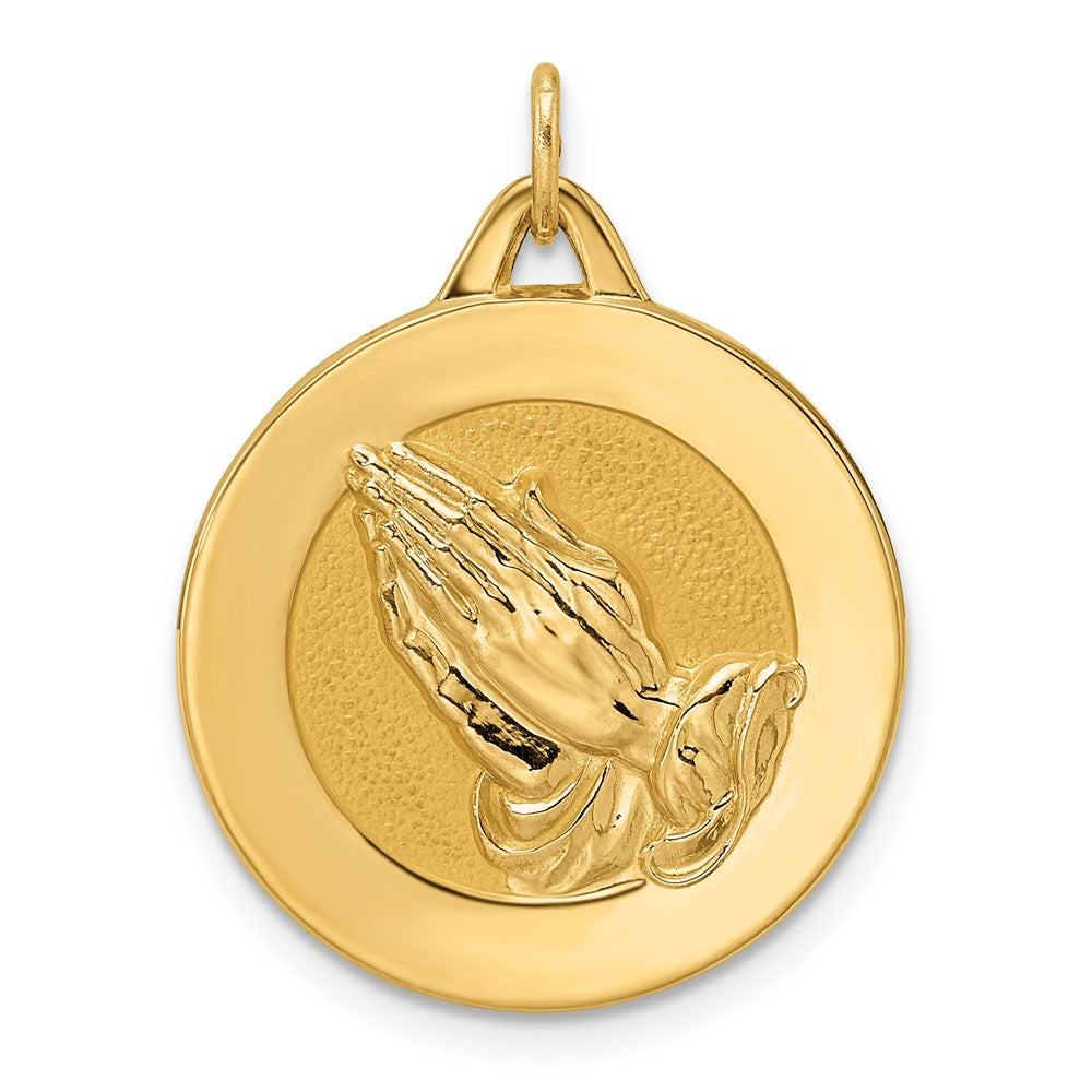 14k Polished and Satin Solid Reversible Praying Hands and Serenity Prayer Disc Pendant
