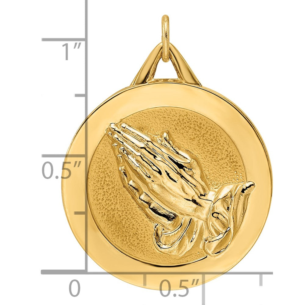 14k Polished and Satin Solid Reversible Praying Hands and Serenity Prayer Disc Pendant