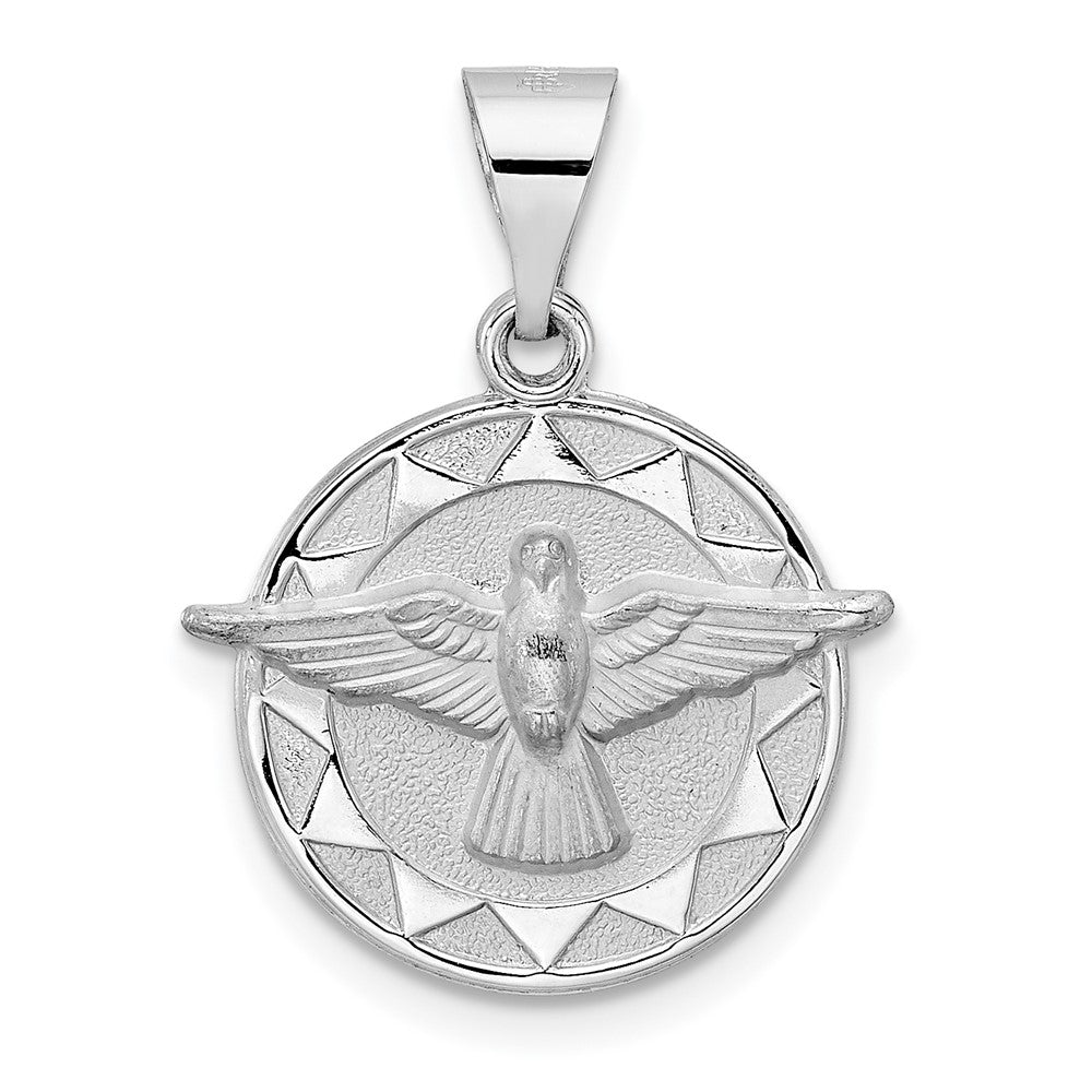 14k White Gold Polished and Satin Hollow Holy Spirit Medal Round Pendant