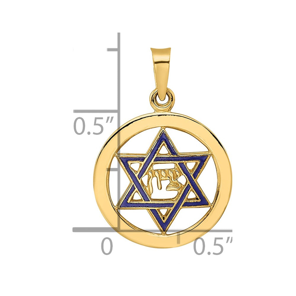 14k Polished Blue Enameled Solid Star of David in Circle Pendant
