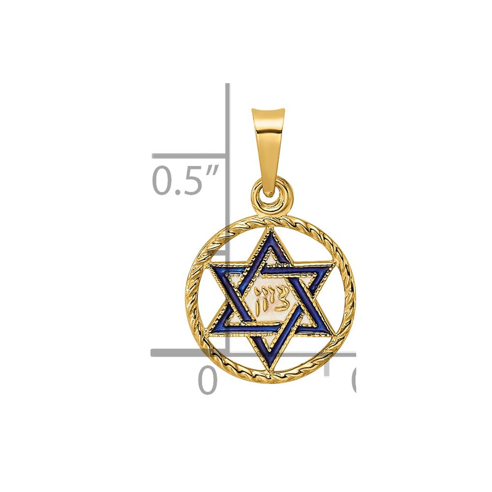 14k Polished Solid Blue Enameled Star of David in Circle Frame Pendant