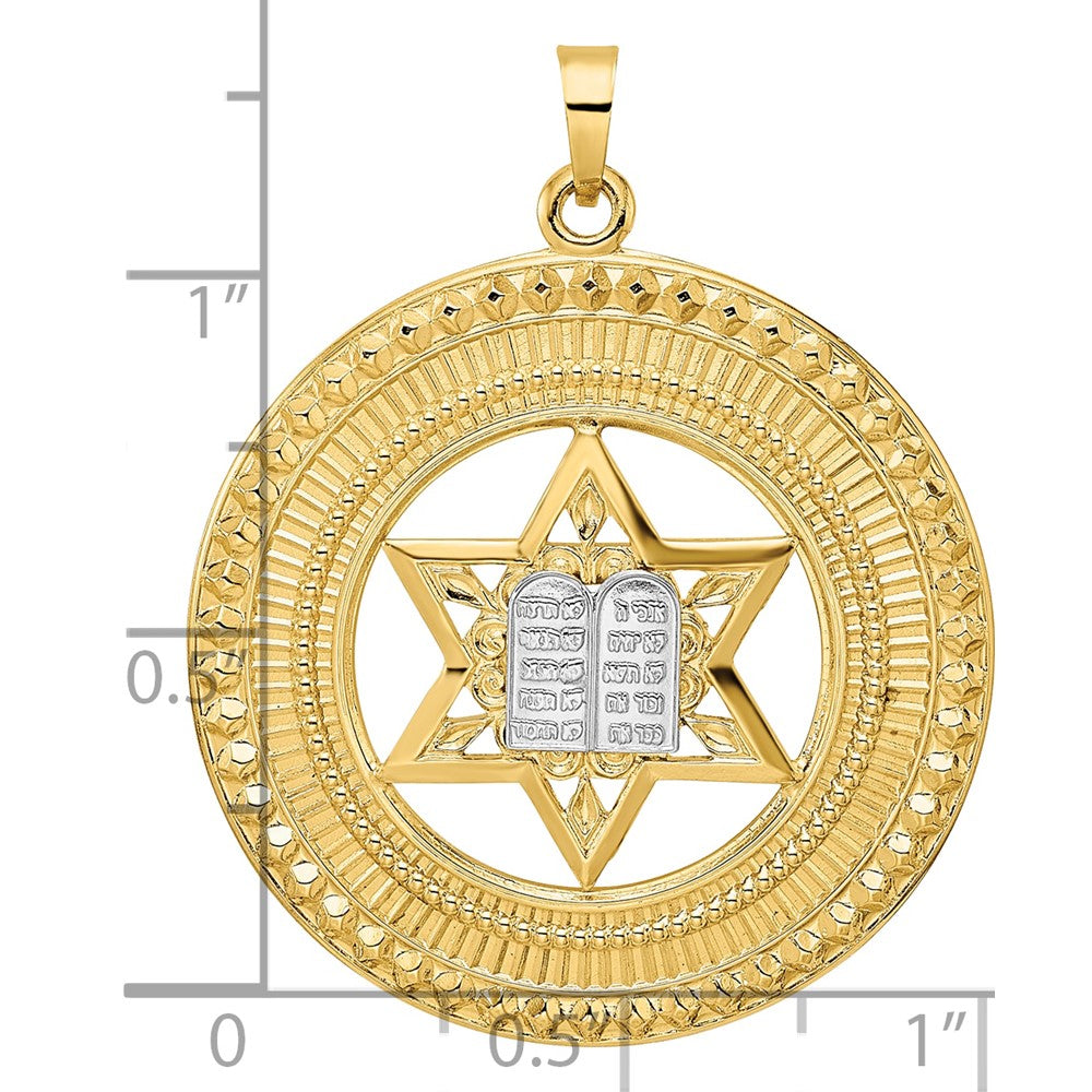 14k Two-tone Solid Star of David and Torah Inside Round Frame Pendant