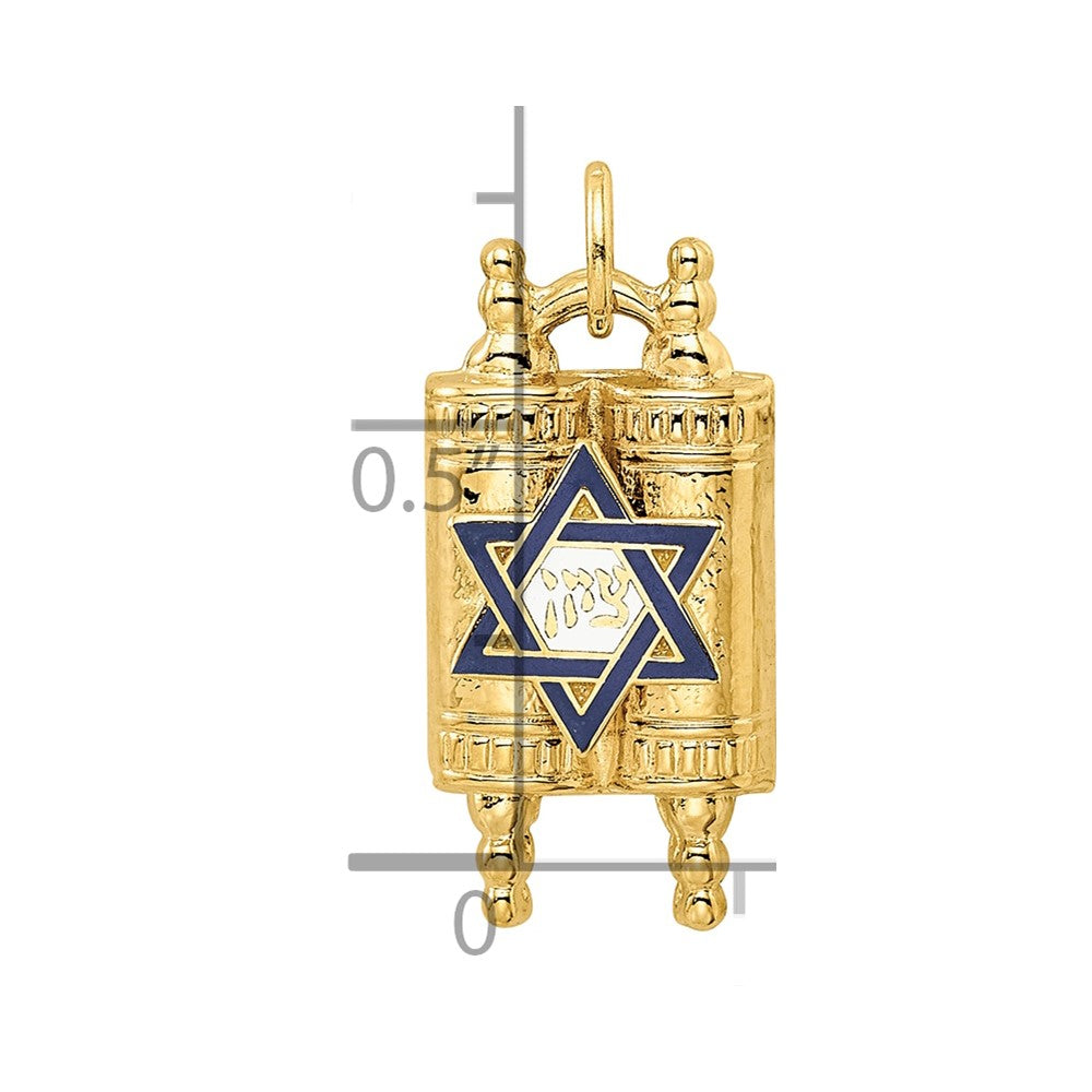 14k Polished Solid Torah with Blue and White Enameled Star of David Pendant